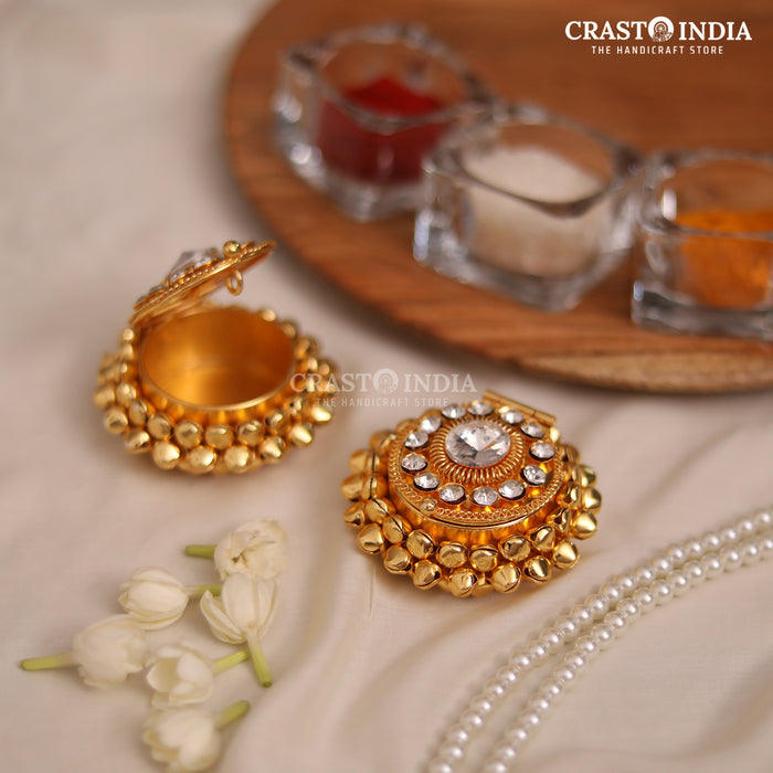 PACK OF 4 PCS - CRASTO INDIA HANDCRAFTED MINI GHUNGHROO ROUND JEWELLERY BOX WITH STONEWORK .