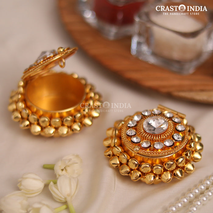 PACK OF 4 PCS - CRASTO INDIA HANDCRAFTED MINI GHUNGHROO ROUND JEWELLERY BOX WITH STONEWORK .