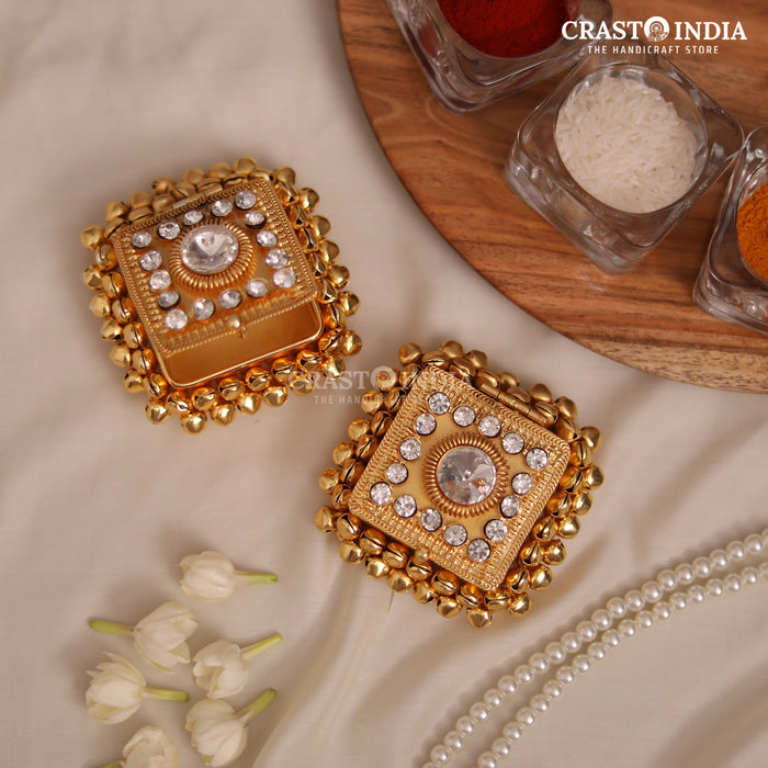 PACK OF 4 PCS - CRASTO INDIA HANDCRAFTED MINI GHUNGHROO SQUARE JEWELLERY BOX WITH STONEWORK