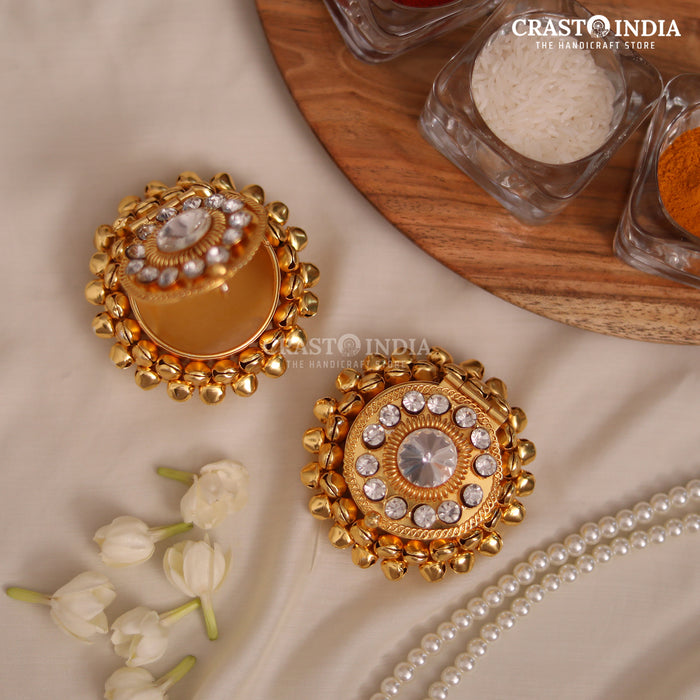 PACK OF 4 PCS - CRASTO INDIA HANDCRAFTED MINI GHUNGHROO ROUND JEWELLERY BOX WITH STONEWORK .