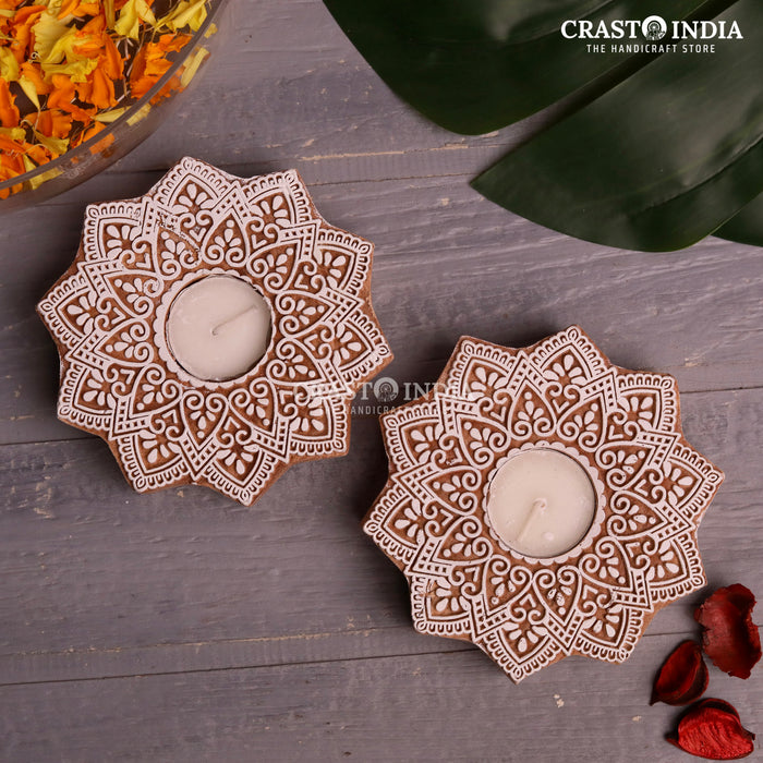 CRASTO INDIA HANDCRAFTED FESTIVE WOODEN BLOCK DIYA #64 (PAIR)