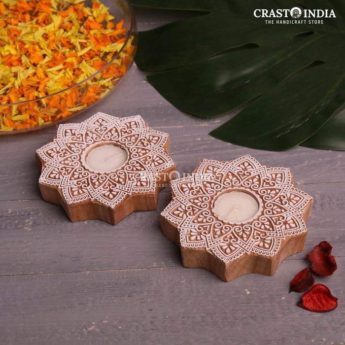 CRASTO INDIA HANDCRAFTED FESTIVE WOODEN BLOCK DIYA #64 (PAIR)