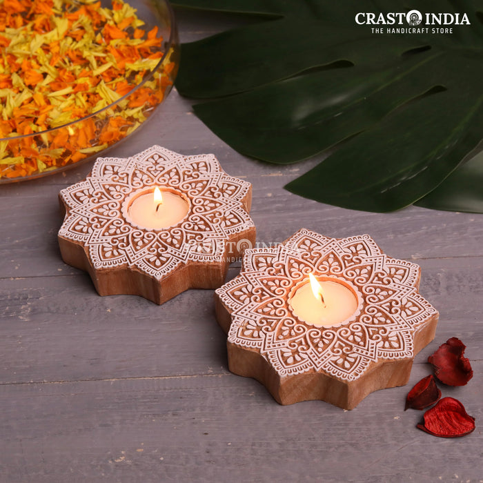 CRASTO INDIA HANDCRAFTED FESTIVE WOODEN BLOCK DIYA #64 (PAIR)