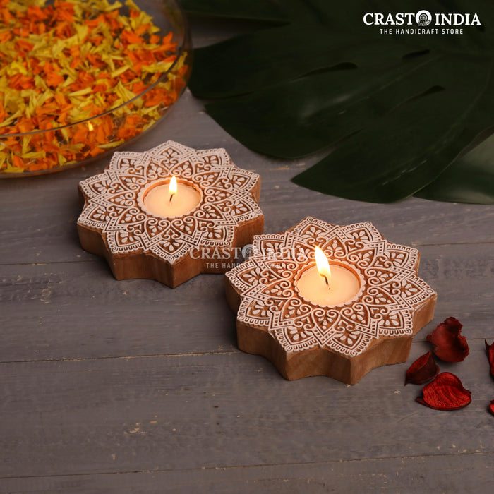 CRASTO INDIA HANDCRAFTED FESTIVE WOODEN BLOCK DIYA #64 (PAIR)