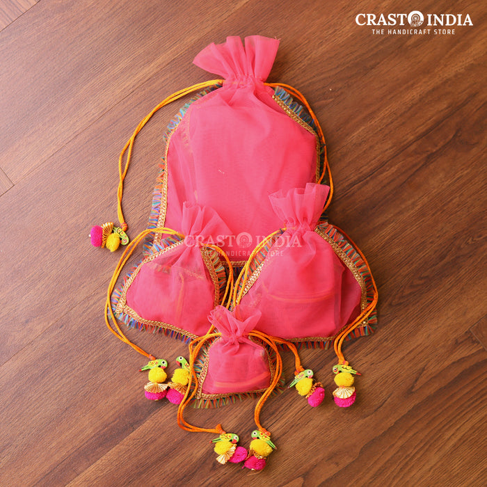 CRASTO INDIA HANDCRAFTED CLOTH POTLI WITH PARROT POM-POM LATKAN - PINK ( AVAILABLE IN 4 SIZES)