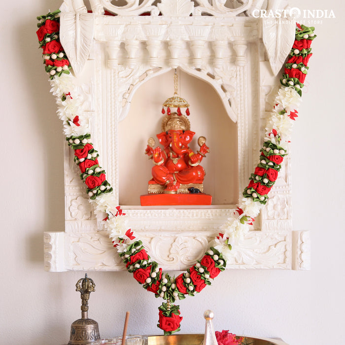 CRASTO INDIA HANDCRAFTED VELVET ROSE WITH CLOTH PETALS & TAGAR MALA. (AVAILABLE IN 3 COLOURS)