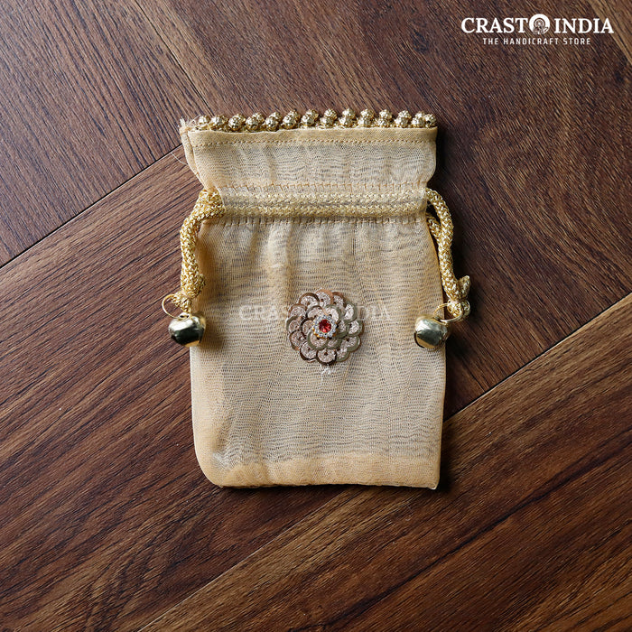 CRASTO INDIA HANDCRAFTED KUNDAN FLOWER WITH GHUNGROO LATKAN  CLOTH POTLI - BEIGE GOLD ( AVAILABLE IN 4 SIZES)