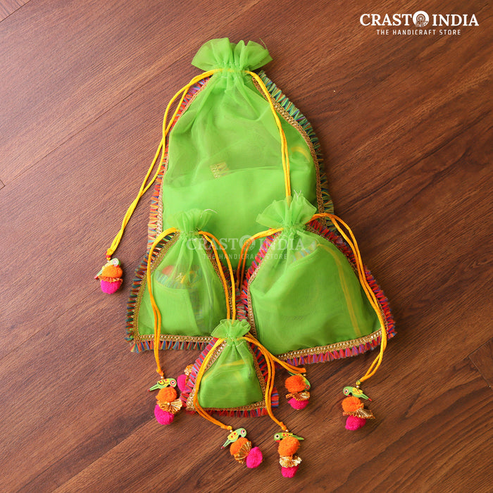 CRASTO INDIA HANDCRAFTED CLOTH POTLI WITH PARROT POM-POM LATKAN - GREEN ( AVAILABLE IN 4 SIZES)