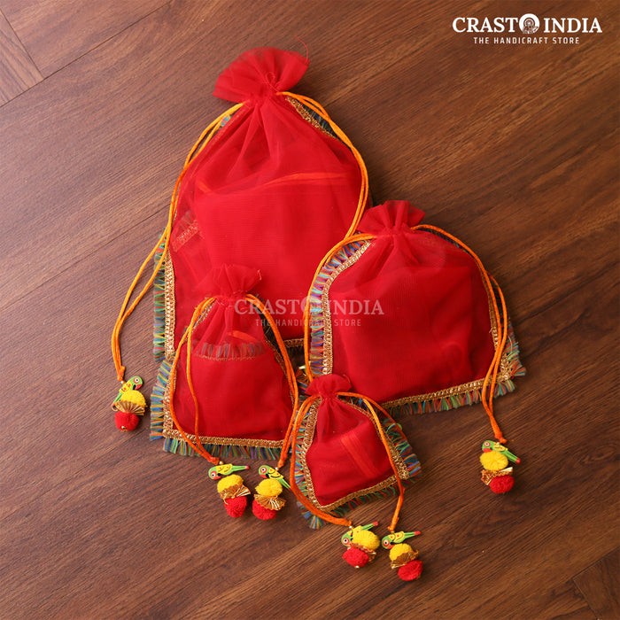 CRASTO INDIA HANDCRAFTED CLOTH POTLI WITH PARROT POM-POM LATKAN - RED ( AVAILABLE IN 4 SIZES)