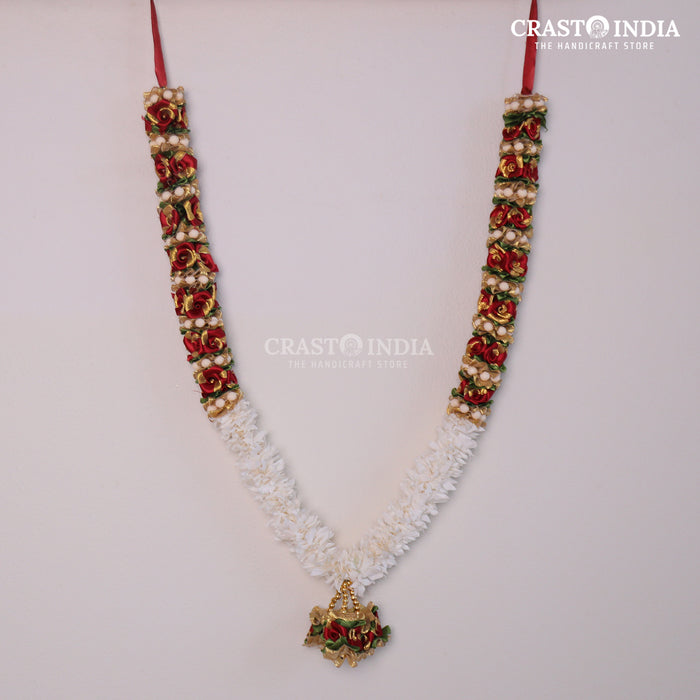 CRASTO INDIA HANDCRAFTED RIBBON GARLAND WITH CHAKRI, ROSES AND GAJRA (MAROON-GOLD) (1 PC)