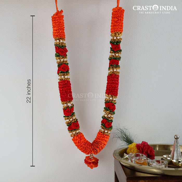 CRASTO INDIA HANDCRAFTED MANGO-WHITE RIBBON GARLAND WITH VELVET ROSES. (AVAILABLE IN 3 COLOURS)