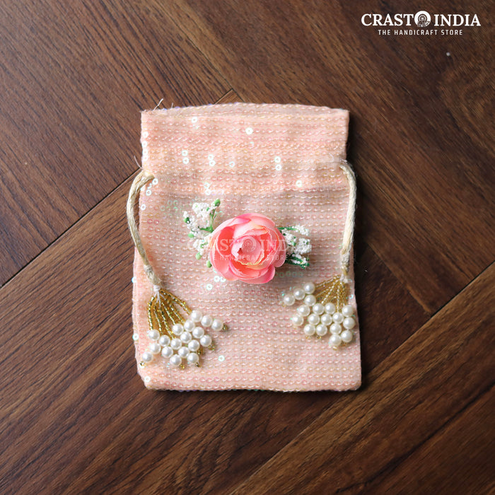 CRASTO INDIA HANDCRAFTED PINK SEQUENCE CLOTH POTLI WITH PEARL TASSLES - PINK ( AVAILABLE IN 4 SIZES)