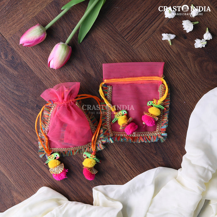 CRASTO INDIA HANDCRAFTED CLOTH POTLI WITH PARROT POM-POM LATKAN - PINK ( AVAILABLE IN 4 SIZES)