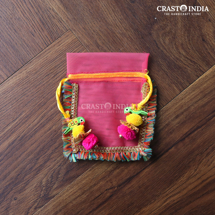 CRASTO INDIA HANDCRAFTED CLOTH POTLI WITH PARROT POM-POM LATKAN - PINK ( AVAILABLE IN 4 SIZES)