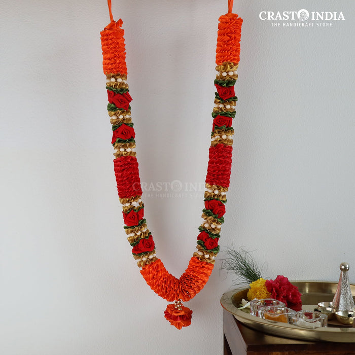 CRASTO INDIA HANDCRAFTED MANGO-WHITE RIBBON GARLAND WITH VELVET ROSES. (AVAILABLE IN 3 COLOURS)