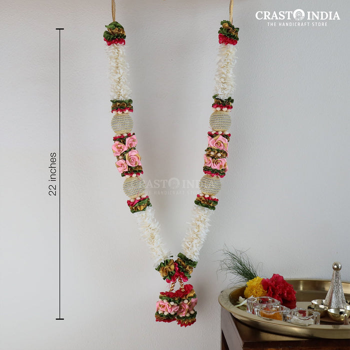 CRASTO INDIA HANDCRAFTED RIBBON GARLAND WITH CHAIN BALL AND ROSES. (AVAILABLE IN 2 COLOURS)