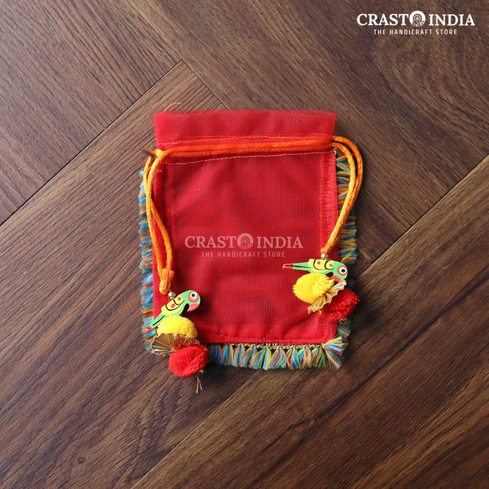 CRASTO INDIA HANDCRAFTED CLOTH POTLI WITH PARROT POM-POM LATKAN - RED ( AVAILABLE IN 4 SIZES)