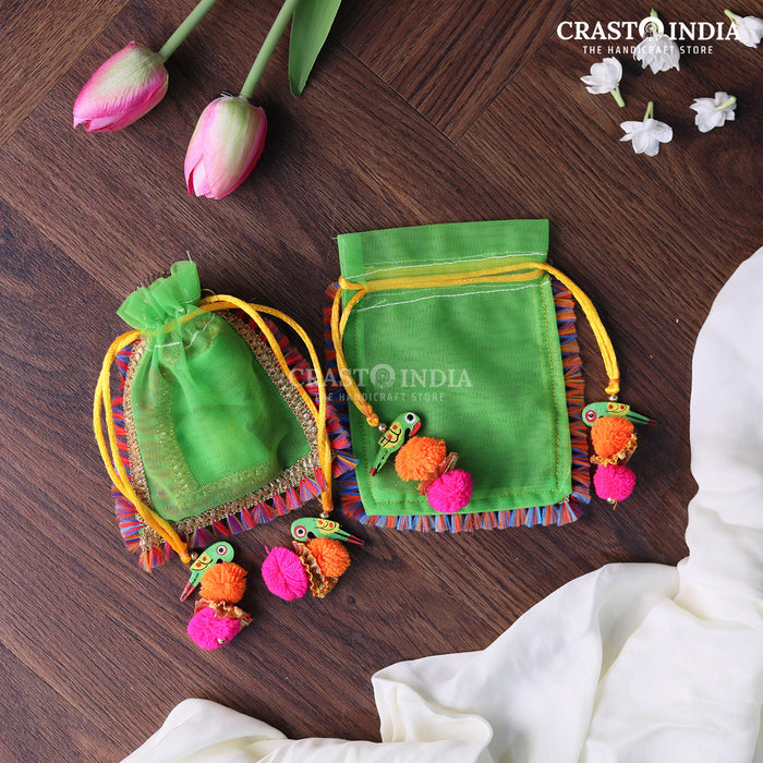 CRASTO INDIA HANDCRAFTED CLOTH POTLI WITH PARROT POM-POM LATKAN - GREEN ( AVAILABLE IN 4 SIZES)