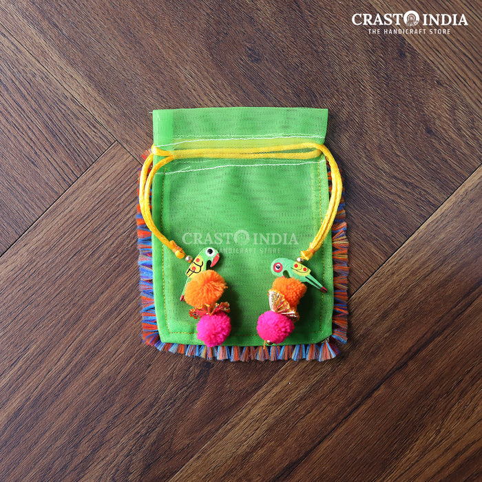 CRASTO INDIA HANDCRAFTED CLOTH POTLI WITH PARROT POM-POM LATKAN - GREEN ( AVAILABLE IN 4 SIZES)