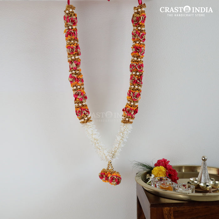 CRASTO INDIA HANDCRAFTED RIBBON GARLAND WITH CHAKRI, ROSES AND GAJRA (PINK-MANGO) (1 PC)