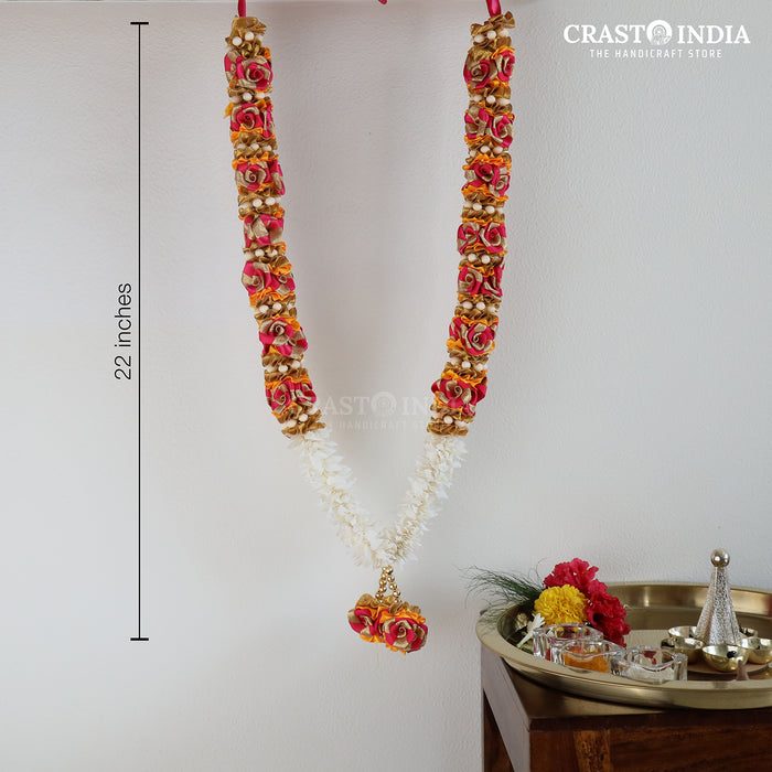 CRASTO INDIA HANDCRAFTED RIBBON GARLAND WITH CHAKRI, ROSES AND GAJRA (PINK-MANGO) (1 PC)