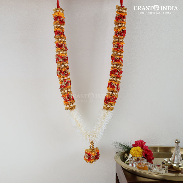 CRASTO INDIA HANDCRAFTED RIBBON GARLAND WITH CHAKRI, ROSES AND GAJRA (RED-MANGO) (1 PC)