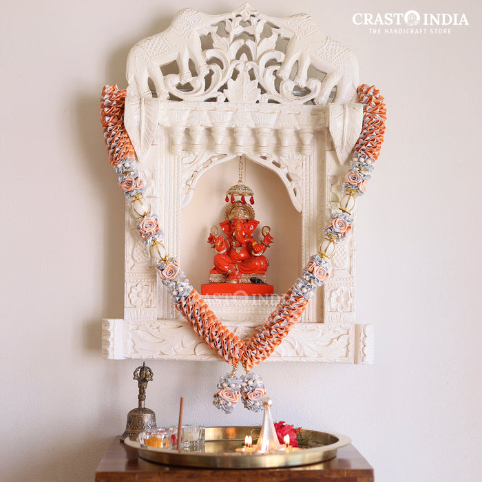 CRASTO INDIA HANDCRAFTED RIBBON MALA WITH ROSES AND BALL. (PEACH-SILVER)