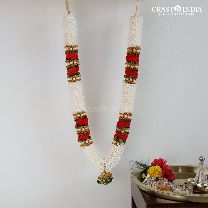 CRASTO INDIA HANDCRAFTED MANGO-WHITE RIBBON GARLAND WITH VELVET ROSES. (AVAILABLE IN 3 COLOURS)