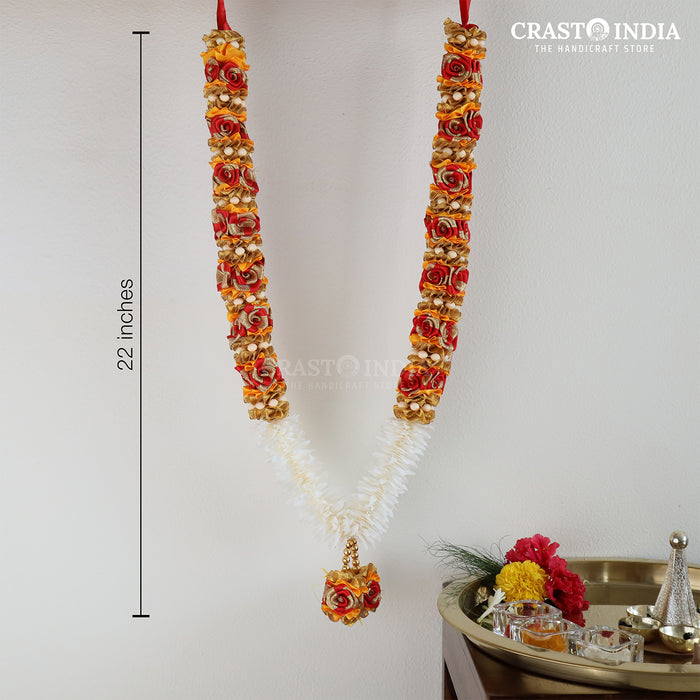 CRASTO INDIA HANDCRAFTED RIBBON GARLAND WITH CHAKRI, ROSES AND GAJRA (RED-MANGO) (1 PC)