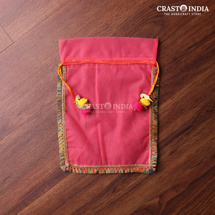 CRASTO INDIA HANDCRAFTED CLOTH POTLI WITH PARROT POM-POM LATKAN - PINK ( AVAILABLE IN 4 SIZES)