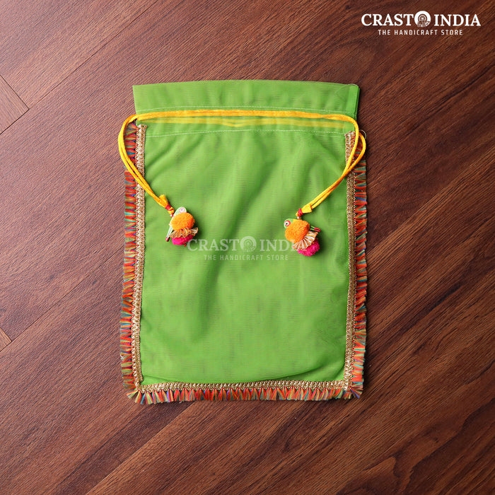 CRASTO INDIA HANDCRAFTED CLOTH POTLI WITH PARROT POM-POM LATKAN - GREEN ( AVAILABLE IN 4 SIZES)