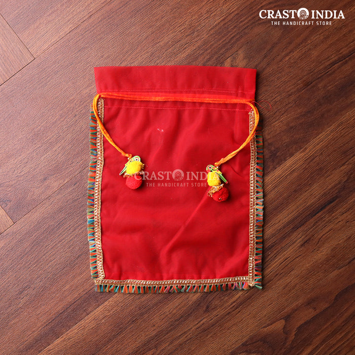 CRASTO INDIA HANDCRAFTED CLOTH POTLI WITH PARROT POM-POM LATKAN - RED ( AVAILABLE IN 4 SIZES)