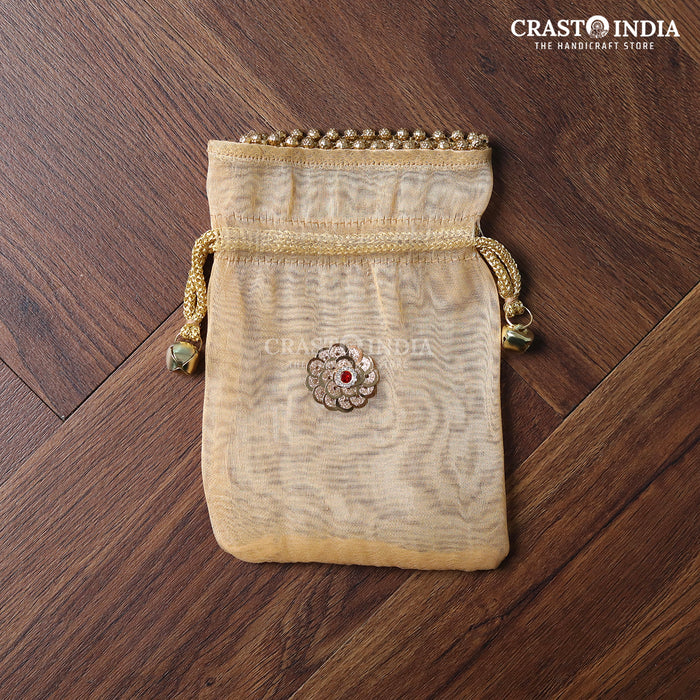 CRASTO INDIA HANDCRAFTED KUNDAN FLOWER WITH GHUNGROO LATKAN  CLOTH POTLI - BEIGE GOLD ( AVAILABLE IN 4 SIZES)