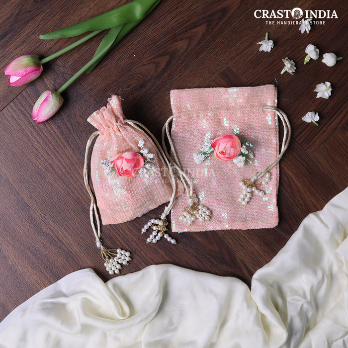 CRASTO INDIA HANDCRAFTED PINK SEQUENCE CLOTH POTLI WITH PEARL TASSLES - PINK ( AVAILABLE IN 4 SIZES)