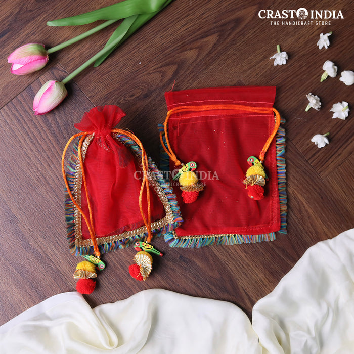 CRASTO INDIA HANDCRAFTED CLOTH POTLI WITH PARROT POM-POM LATKAN - RED ( AVAILABLE IN 4 SIZES)