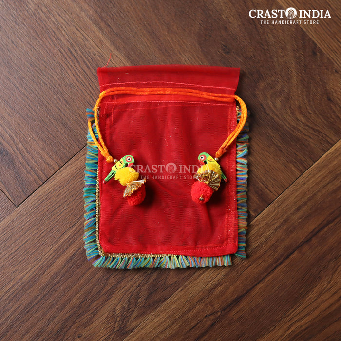 CRASTO INDIA HANDCRAFTED CLOTH POTLI WITH PARROT POM-POM LATKAN - RED ( AVAILABLE IN 4 SIZES)