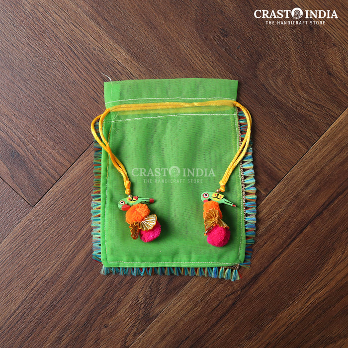 CRASTO INDIA HANDCRAFTED CLOTH POTLI WITH PARROT POM-POM LATKAN - GREEN ( AVAILABLE IN 4 SIZES)