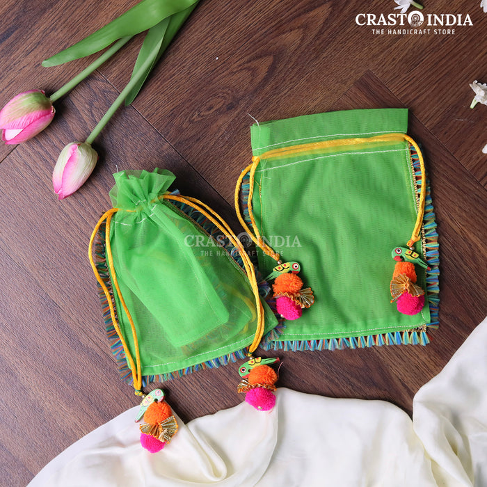 CRASTO INDIA HANDCRAFTED CLOTH POTLI WITH PARROT POM-POM LATKAN - GREEN ( AVAILABLE IN 4 SIZES)