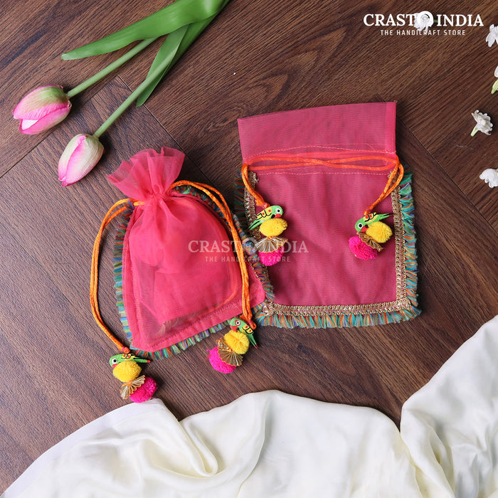 CRASTO INDIA HANDCRAFTED CLOTH POTLI WITH PARROT POM-POM LATKAN - PINK ( AVAILABLE IN 4 SIZES)