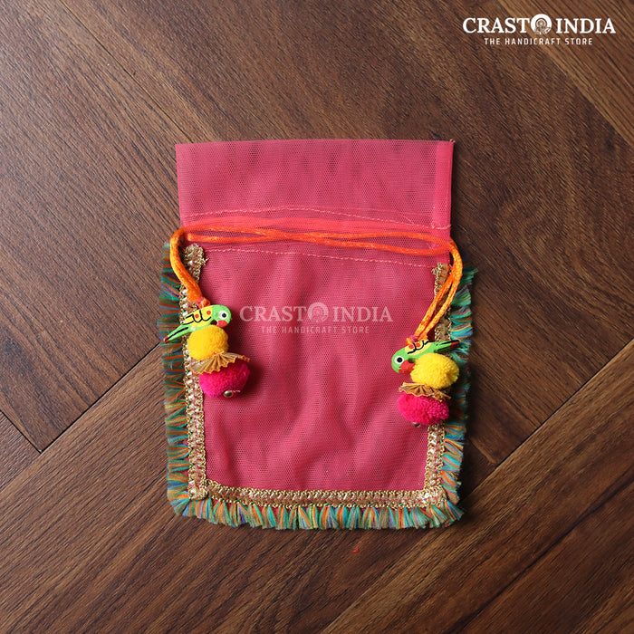 CRASTO INDIA HANDCRAFTED CLOTH POTLI WITH PARROT POM-POM LATKAN - PINK ( AVAILABLE IN 4 SIZES)