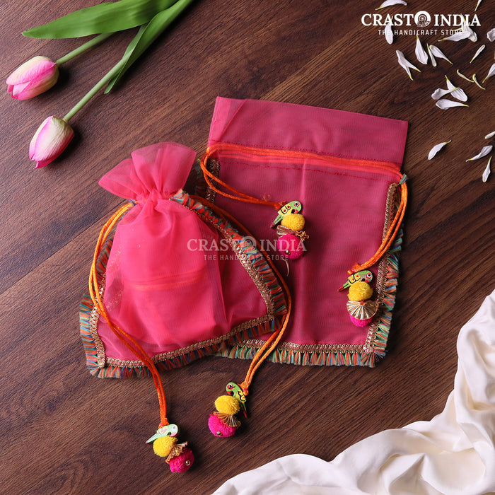 CRASTO INDIA HANDCRAFTED CLOTH POTLI WITH PARROT POM-POM LATKAN - PINK ( AVAILABLE IN 4 SIZES)