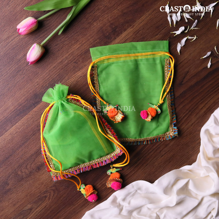 CRASTO INDIA HANDCRAFTED CLOTH POTLI WITH PARROT POM-POM LATKAN - GREEN ( AVAILABLE IN 4 SIZES)