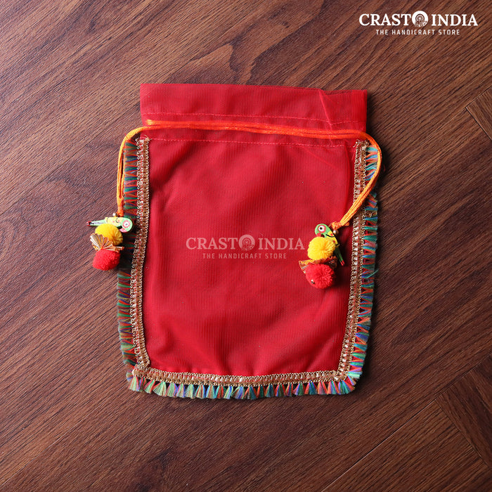 CRASTO INDIA HANDCRAFTED CLOTH POTLI WITH PARROT POM-POM LATKAN - RED ( AVAILABLE IN 4 SIZES)