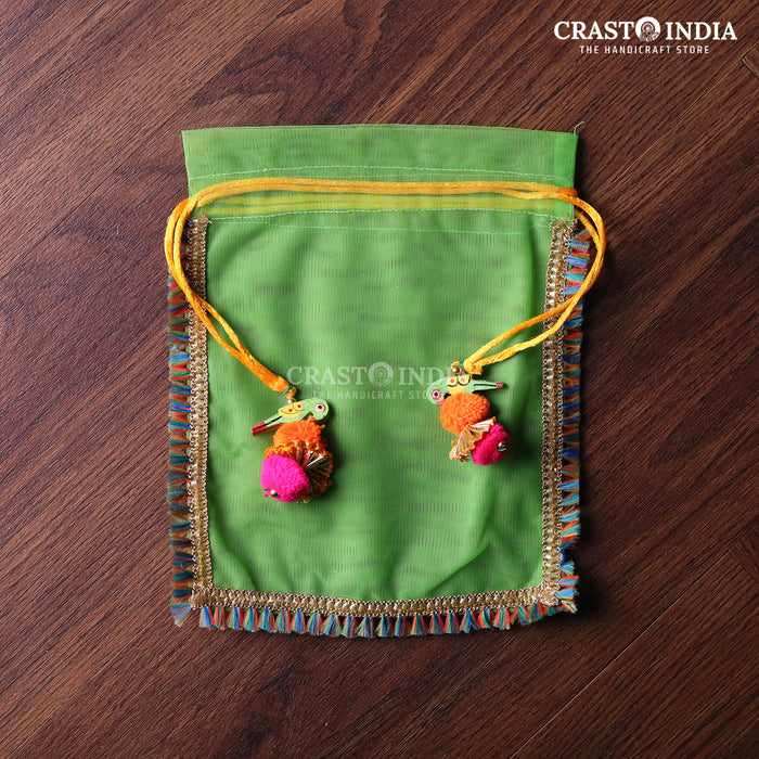 CRASTO INDIA HANDCRAFTED CLOTH POTLI WITH PARROT POM-POM LATKAN - GREEN ( AVAILABLE IN 4 SIZES)