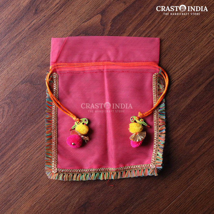 CRASTO INDIA HANDCRAFTED CLOTH POTLI WITH PARROT POM-POM LATKAN - PINK ( AVAILABLE IN 4 SIZES)