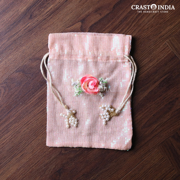 CRASTO INDIA HANDCRAFTED PINK SEQUENCE CLOTH POTLI WITH PEARL TASSLES - PINK ( AVAILABLE IN 4 SIZES)