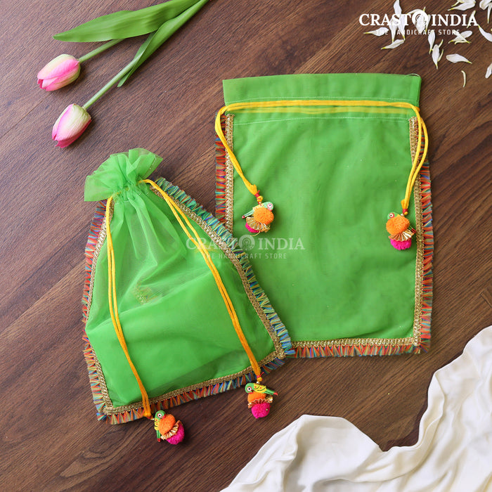 CRASTO INDIA HANDCRAFTED CLOTH POTLI WITH PARROT POM-POM LATKAN - GREEN ( AVAILABLE IN 4 SIZES)