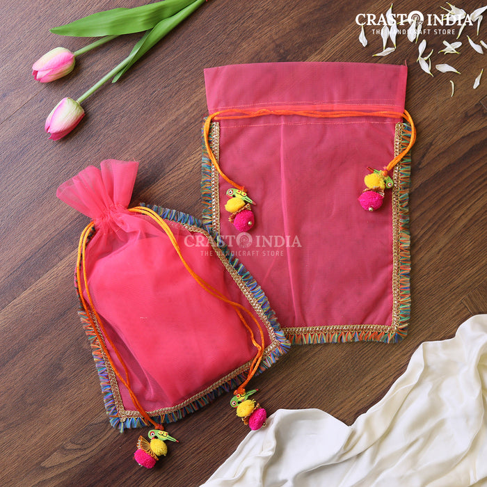 CRASTO INDIA HANDCRAFTED CLOTH POTLI WITH PARROT POM-POM LATKAN - PINK ( AVAILABLE IN 4 SIZES)