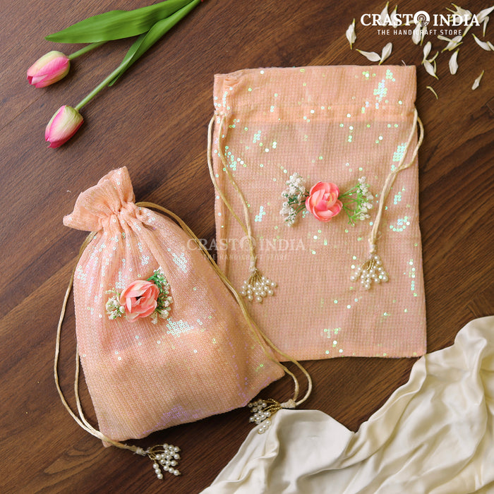 CRASTO INDIA HANDCRAFTED PINK SEQUENCE CLOTH POTLI WITH PEARL TASSLES - PINK ( AVAILABLE IN 4 SIZES)