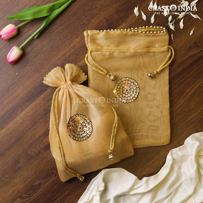 CRASTO INDIA HANDCRAFTED KUNDAN FLOWER WITH GHUNGROO LATKAN  CLOTH POTLI - BEIGE GOLD ( AVAILABLE IN 4 SIZES)